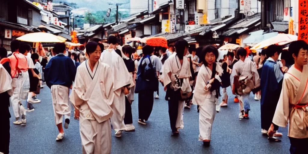 Prompt: street photography of gion matsuri midday, people in 9 0 s fashion, in kyoto japan, shot on kodak gold with a canon 3 5 mm lens aperture f / 5. 6, masterful photography by haruto hoshi and yang seung - woo and saul leiter, hyper - realistic
