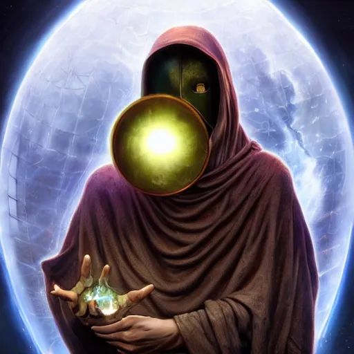 Image similar to masked nomad male wearing a cloak on an alien world and holding a holographic planet projection in his hand, detailed, sci - fi, digital painting, artstation, sharp focus, illustration, ominous, artgerm, tomasz alen kopera, peter mohrbacher, donato giancola, joseph christian leyendecker, wlop, frank frazetta