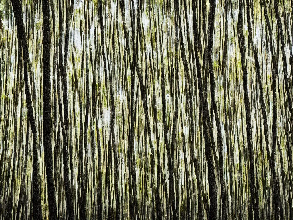 Image similar to double exposure photograph of tens of eucalyptus trees, soft light, autumn, in the style of basquiat and klee