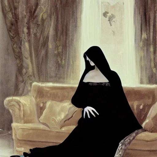 Prompt: grim reaper as a beautiful woman relaxing on the couch, thin black robe, elegant, posing, an ornate scyte is resting off to the side, vintage shading, award winning, by Ilya Repin and Dave McKean, deviant art