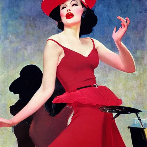 Image similar to a beautiful young girl was dancing the Charleston on the living room carpet with joy, fair skin, red lips, black hair, oil painting, Sherree Valentine Daines, Coles Phillips, Gil Elvgren, Dean Cornwell, JC Leyendecker, 8k