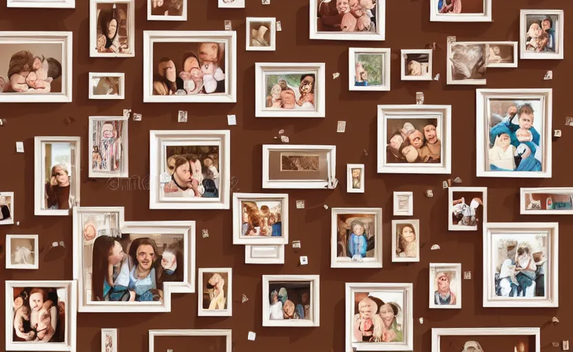 Prompt: story book illustration of a wall with family pictures, brown colors