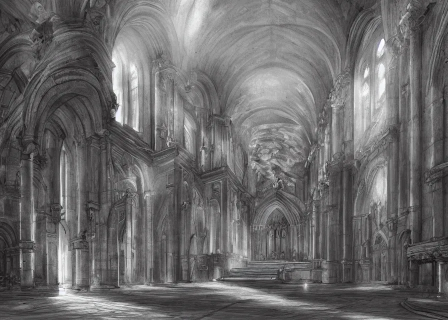 Image similar to interior of an ancient roman cathedral, pencil, concept art, 4k, artstation