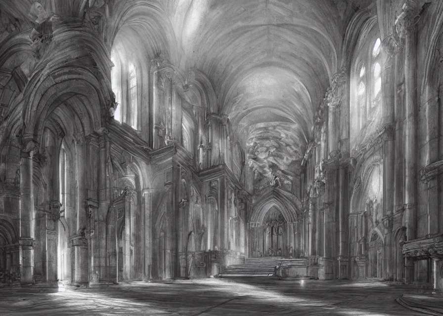 Prompt: interior of an ancient roman cathedral, pencil, concept art, 4k, artstation