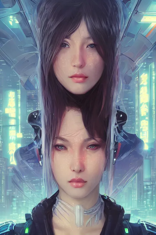 Image similar to portrait futuristic Ninja Girl, in future cyberpunk tokyo rooftop , ssci-fi, fantasy, intricate, very very beautiful, elegant, neon light, highly detailed, digital painting, artstation, concept art, smooth, sharp focus, illustration, art by WLOP and tian zi and alphonse mucha