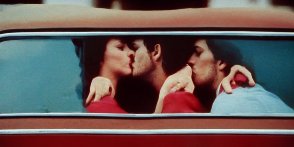 Image similar to 1 9 7 0 s car window closeup, couple kissing in the back seat, coloured film photography, elliott erwitt photography