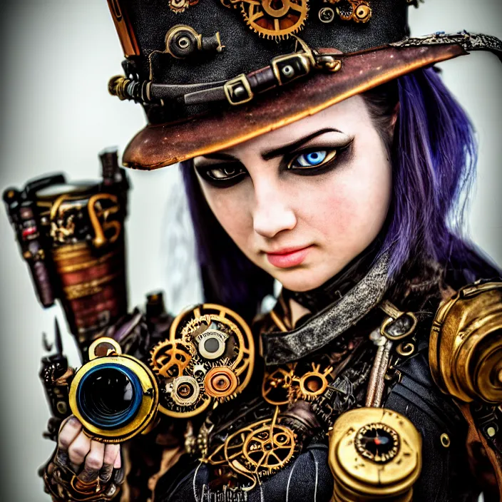 Image similar to photograph of a beautiful steampunk warrior. extremely detailed. dslr. 5 0 mm.