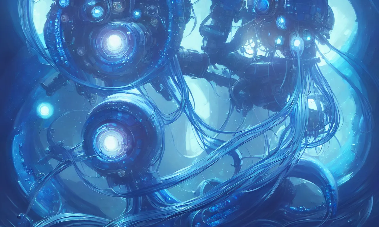 Image similar to cyberpunk jellyfish, blue tones, underwater, 8 mm, highly detailed, digital painting, artstation, concept art, smooth, sharp focus, illustration, art by artgerm and greg rutkowski and alphonse mucha