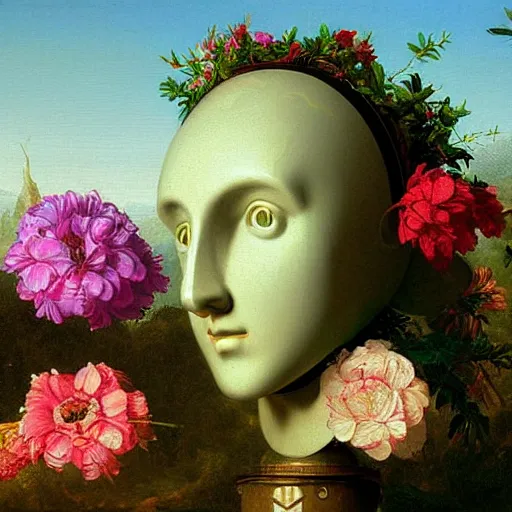 Image similar to a vaporwave painting by Thomas Cole of a robot head with flowers growing out, highly detailed