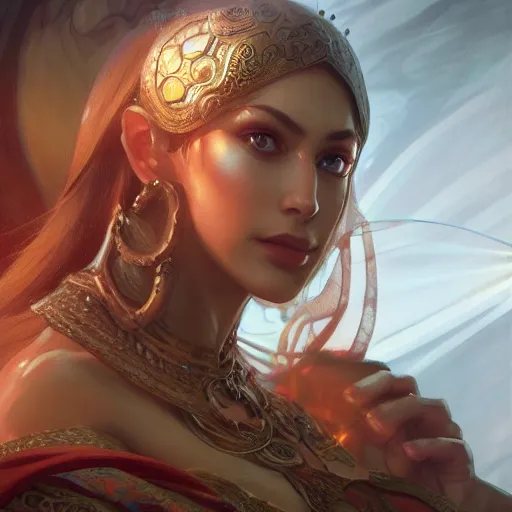 Image similar to Hanif Bali, closeup, D&D, fantasy, intricate, elegant, highly detailed, digital painting, artstation, concept art, matte, sharp focus, illustration, hearthstone, art by Artgerm and Greg Rutkowski and Alphonse Mucha