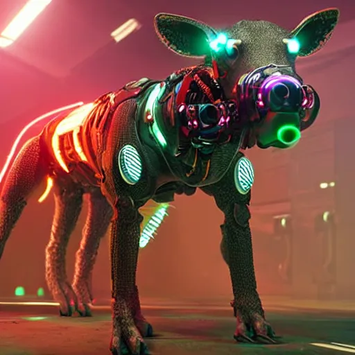 Prompt: cyborg cybernetic hyena, cyberpunk 2 0 7 7 style, wires and lights, multiple eyes resembling camera lenses, highly detailed
