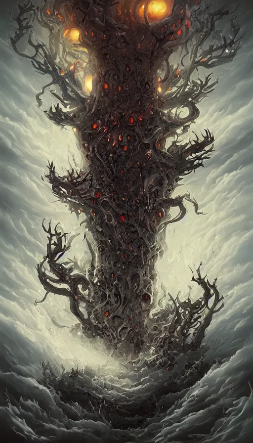 Image similar to a storm vortex made of many demonic eyes and teeth, by peter mohrbacher