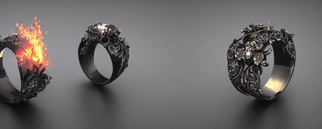 Image similar to black magic crystal ring, fire, flame, ashes, smooth, crystal, engravings, diamonds, product design, jewelry, colorful, art by gerald brom, greg rutkowski and artgerm, photo realism, unreal engine, c 4 d