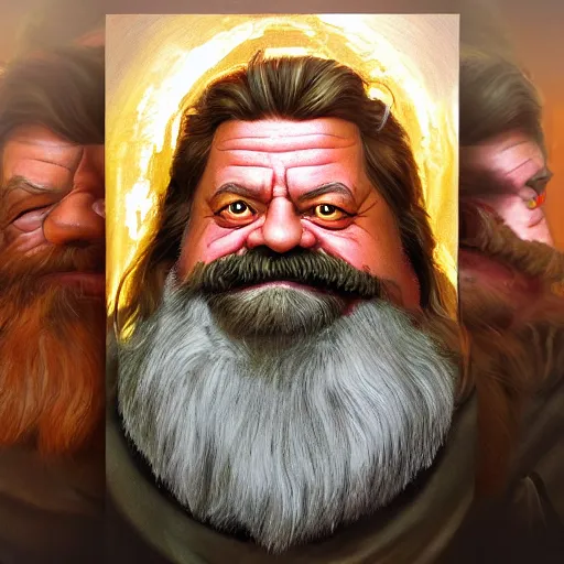 Image similar to a hyperrealistic painting of a saintly dwarven cleric that looks like ron swanson looking stoicly to the right, golden hour, iconography, cyberpunk