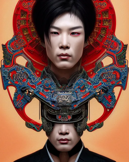 Image similar to portrait of a masculine male cyberpunk machine, machine face, upper half portrait, decorated with chinese opera motifs, asian, fine china, wuxia, traditional chinese art, intricate, elegant, highly detailed, symmetry, headpiece, digital painting, artstation concept art smooth sharp focus, illustration, art by artgerm and greg rutkowski alphonse mucha 8 k