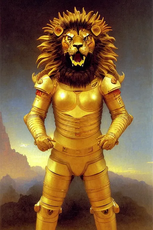 Image similar to portrait of a evil lion astronaut with chinese dragon armor and helmet, majestic, solemn, by bouguereau