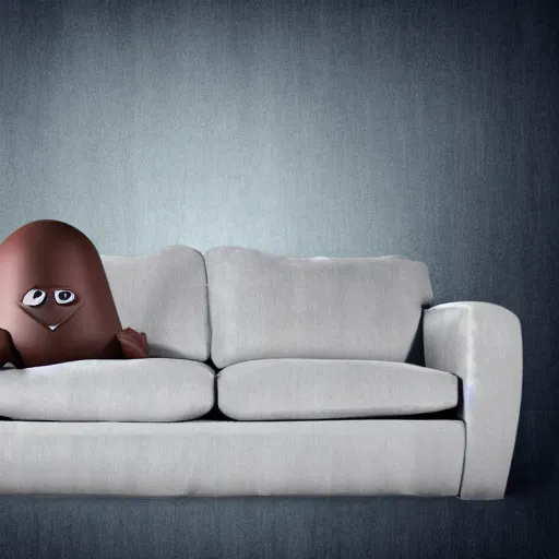 Image similar to photo of a scared anthropomorphic sofa, hiding behind humans, digital art