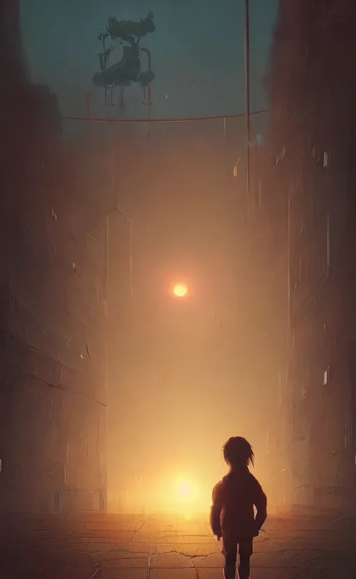 Image similar to digital painting of child playing with a huge humanoid robot in a park, sunset, a dark dystopian city behind a huge wall, dystopic, stunning, cinematic lighting, concept art by greg rutkowski and simon stalenhag and wlop, artstation
