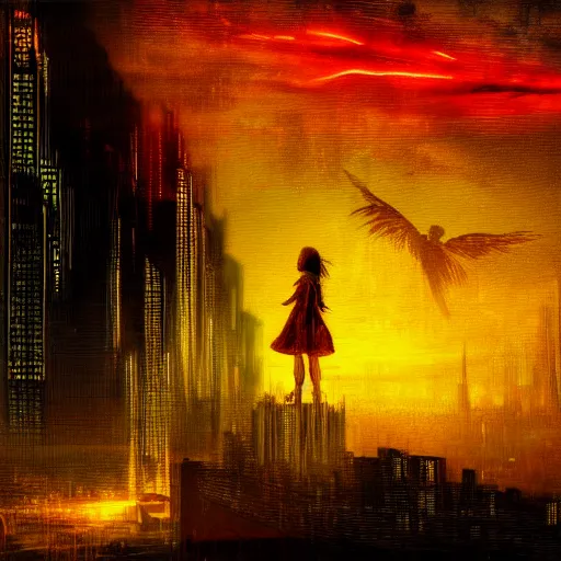 Image similar to digital art cyberpunk cityscape nighttime silhouette of young girl with wings in the foreground painted by turner 1860