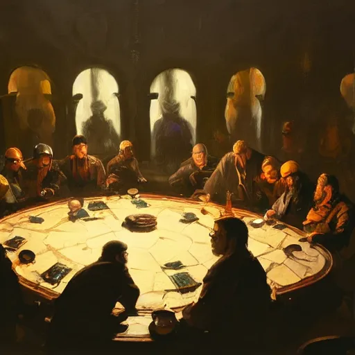 Prompt: Oil painting of group of merchants around a round table, having a heated discussion, portrait, D&D, Magic The Gathering, by Craig Mullins, Nekro, Victo Ngai, centered, symmetrical, volumetric lighting