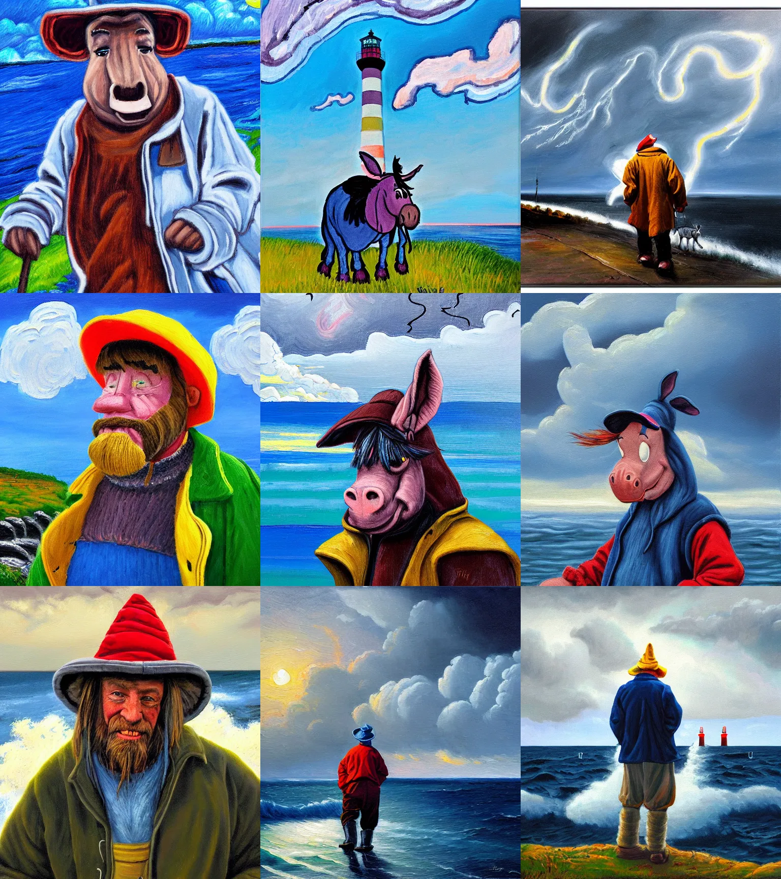 Prompt: Portrait donkey Eeyore from disney cartoon as old fisherman weared storm jacket and hat, oil painted, night sea storm, near lighthouse