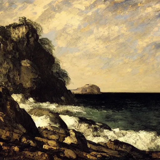 Prompt: Courbet's late landscapes and seascapes can look especially unbelievable: waves, solid like sapphire or granite; pine forests dense and frozen like the rocks of the Ardennes. In a work like ''Black Rocks,'' the atmosphere is viscous, the light of the orange sky hanging, tangibly, like seaweed, on the water and shore: a portentous image, full of longing.