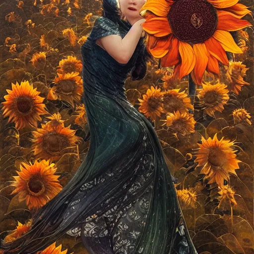 Image similar to a china cat sunflower walking proudly jingling in the midnight sun with a bodhi that drips a silver kimono Like a crazy quilt star gown through a dream night wind, intricate and complexly detailed oil painting, by Karol Bak and Tony Diterlizzi, influenced by Artgerm, golden hour scene, multi-dimensional, 8k, octane rendering,