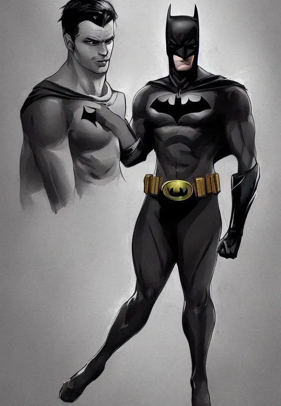 Image similar to a cute calm handsome young adult male muscular slim blu skin batman with grey light tight clothes concept art in the style of lee bermejo and greg rutkowski