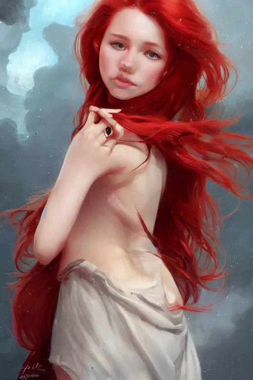 Image similar to beautiful cute red haired joyful and playful 1 9 year old girl, full portrait, long hair, sci - fi, fantasy, intricate, elegant, digital painting, artstation, concept art, smooth, 8 k frostbite 3 engine, ultra detailed, art by artgerm and greg rutkowski and magali villeneuve