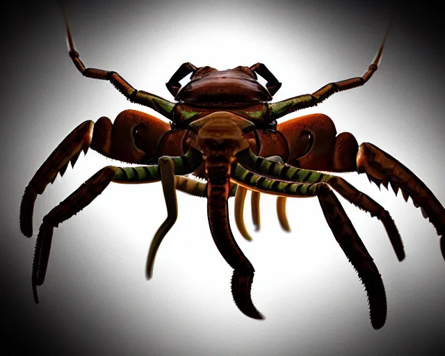 Image similar to dolphin spider scorpion jaguar elephant squid rayquaza bowser lobster demon praying mantis lamprey. a single hybrid creature, realistic, dramatic lighting