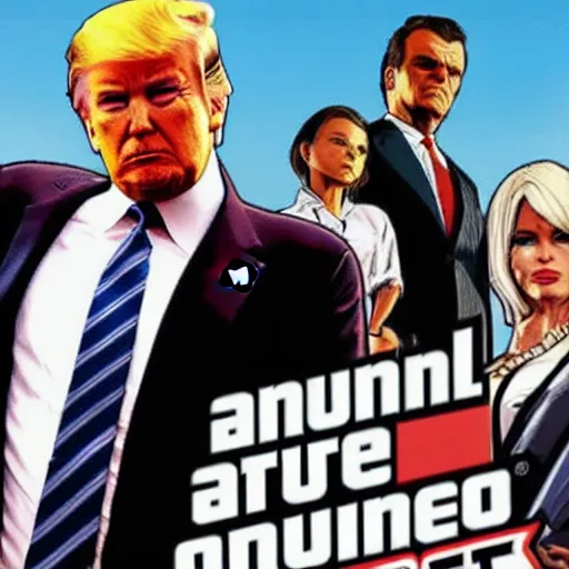 Prompt: Donald Trump on the cover of GTA V,