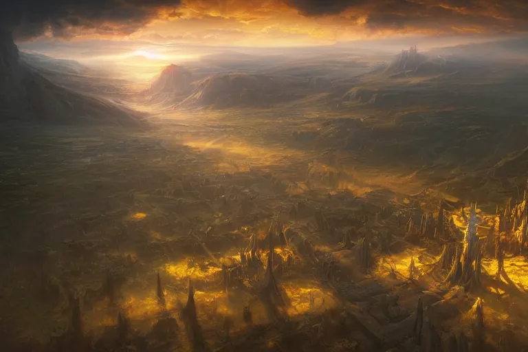 Image similar to fantasy painting, aerial view of an ancient land, sunset and ominous shadows over the kingdom by jessica rossier and brian froud