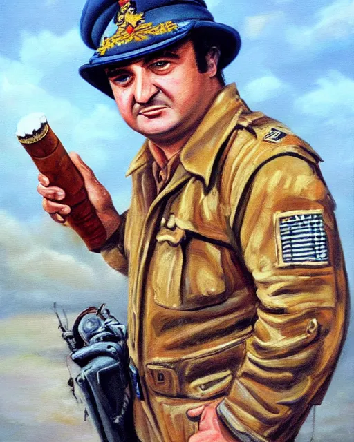 Prompt: oil painting, highly detailed, of john belushi as ww 2 era crazed national guard pilot wild bill kelso with his cigar, from the movie 1 9 4 1
