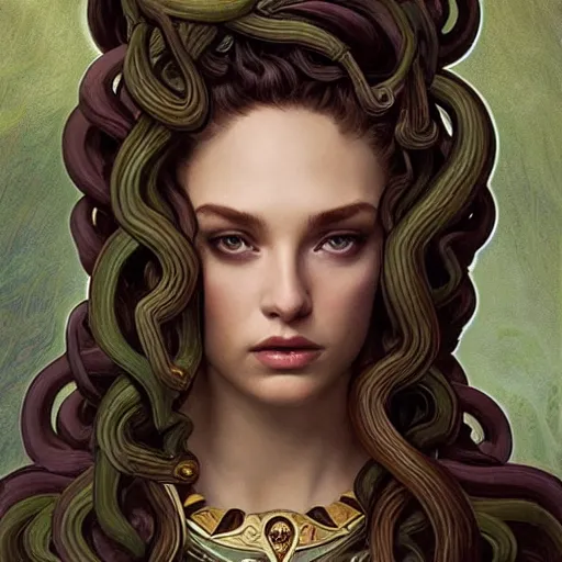 Prompt: “ daria strokous as medusa, frowning, scowl, snakes for hair, intricate, elegant, highly detailed, digital painting, artstation, concept art, smooth, sharp focus, illustration, art by artgerm and greg rutkowski and alphonse mucha ”