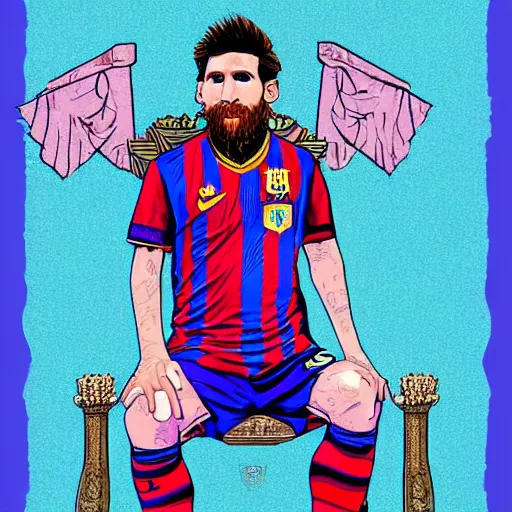 Prompt: messi sitting on a throne with argentina shirt, long beard, digital drawing, fantasy, vaporwave