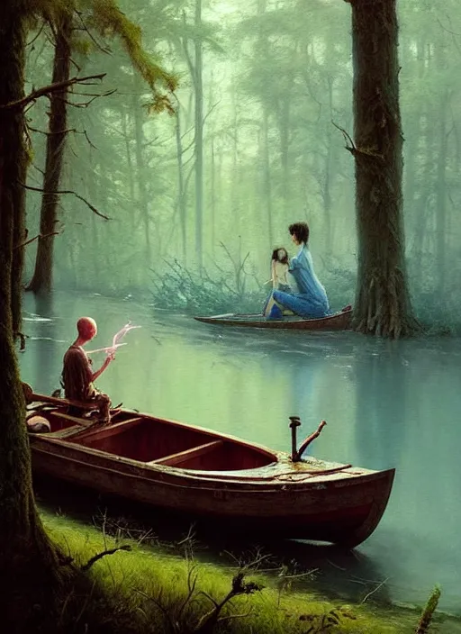 Image similar to boat in the woods by a river gorgeous lighting, lush forest foliage blue sky a hyper realistic painting by chiara bautista and beksinski and norman rockwell and greg rutkowski, tom bagshaw weta studio, and lucasfilm