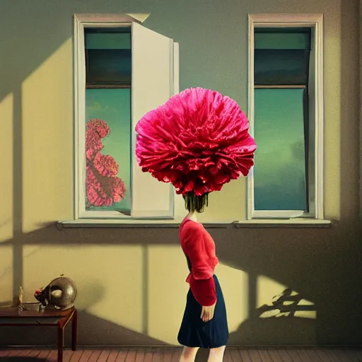 Image similar to giant carnation flower head, woman walking next to modern window in luxury apartment, surreal photography, sunlight, impressionist painting, digital painting, artstation, simon stalenhag