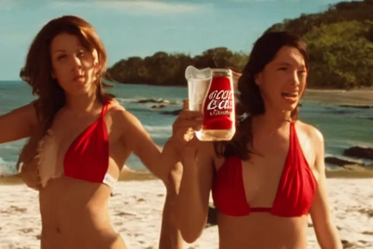 Image similar to Movie scene Coca-Cola ad Ellie Mae holding a Coca-Cola in bikini on the beach by Emmanuel Lubezki