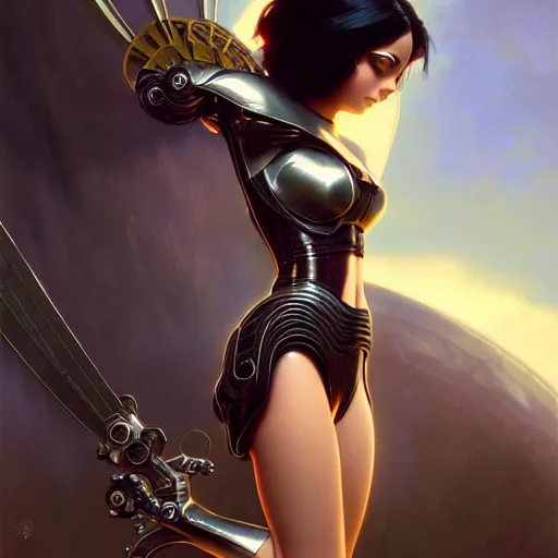 Image similar to battle angel Alita, dark fantasy, medium shot, intricate, elegant, highly detailed, digital painting, volumetric light, artstation, concept art, smooth, sharp focus, illustration, art by Gil Elvgren and Greg Rutkowski and Alphonse Mucha