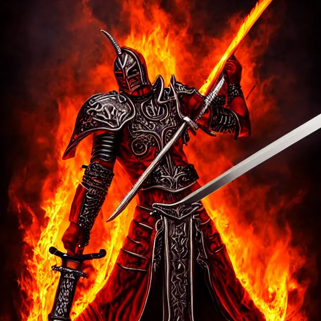 Image similar to hell knight with a flaming sword, highly detailed, 4 k, hdr, smooth, sharp focus, high resolution, award - winning photo, anne stokes, photorealistic