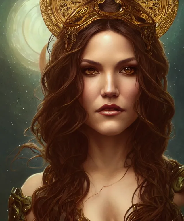 Image similar to Katherine McPhee as a fantasy magic woman portrait, sci-fi, amber eyes, face, long hair, fantasy, intricate, elegant, highly detailed, digital painting, artstation, concept art, smooth, sharp focus, illustration, art by artgerm and greg rutkowski and alphonse mucha