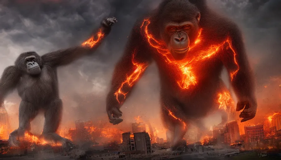 Image similar to giant gorilla destroying washington dc, fire and ashes, debris, collapsed buildings, smoke columns, hell on earth, apocalypse, army, hyperdetailed, artstation, cgsociety, 8 k