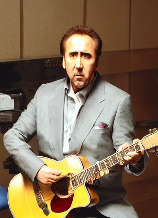 Prompt: nicolas cage, playing guitar while standing on a table