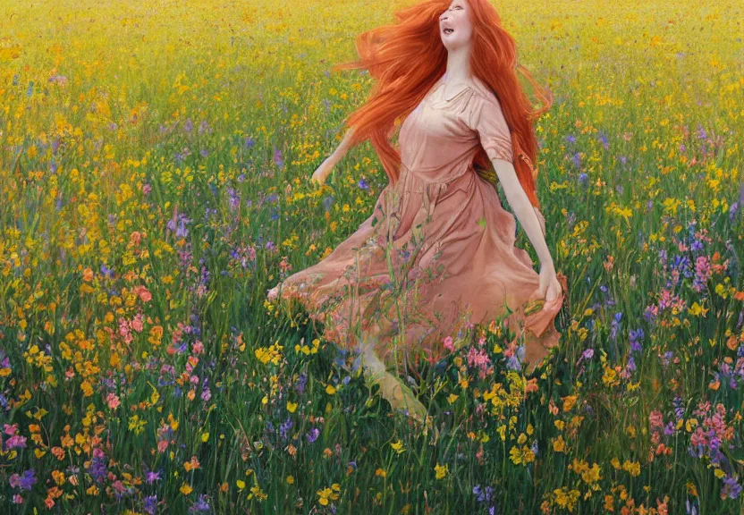 Prompt: a happy woman with copper hair and a flowing yellow sundress dancing in a field of wildflowers, with cute - fine - face, pretty face, realistic shaded perfect face, fine details by realistic shaded lighting poster by ilya kuvshinov katsuhiro otomo, magali villeneuve, artgerm, jeremy lipkin and michael garmash and rob rey