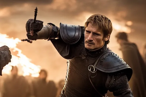 Image similar to very very intricate photorealistic photo of jaime lannister fighting cersei, photo is in focus with detailed atmospheric lighting, award - winning details