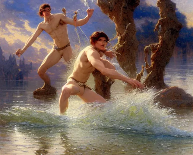 Image similar to attractive male wizard casting powerful wave water spell in a beautiful lake. highly detailed painting by gaston bussiere, craig mullins, j. c. leyendecker 8 k