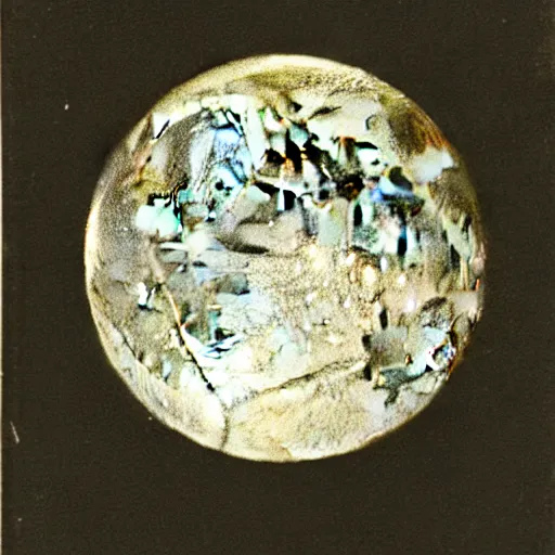 Prompt: close-up daguerrotype of the full moon taken in 1836, grainy