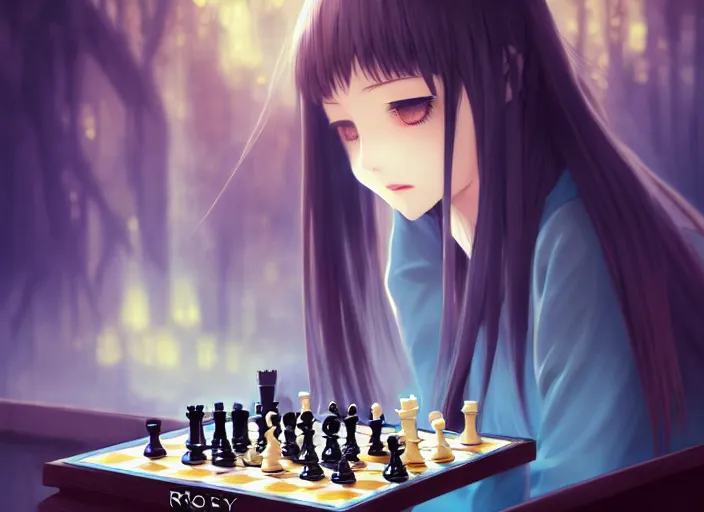 Image similar to rimuru playing chess, with amber eyes of gold color, straight hair, sky blue hair, long bangs, high collar, concept art, award winning photography, digital painting, cinematic, by wlop, anime key visual, wlop, 8 k, by ross tran, tom bagshaw, andy warhol