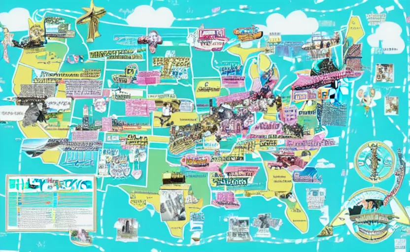 Image similar to hatsune miku across america map, map key, tourist map, brochure