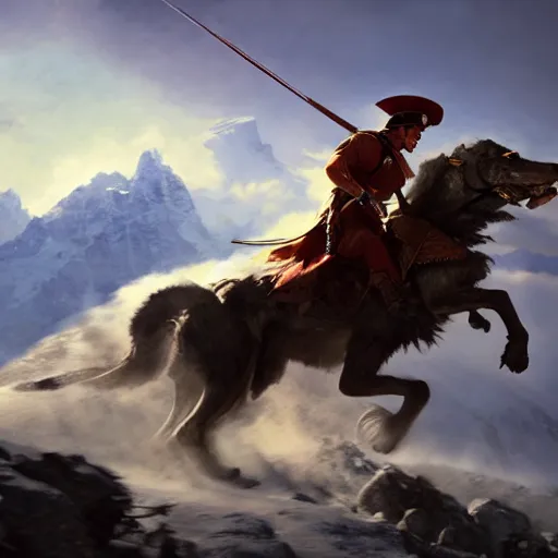 Prompt: Napoleon Crossing the Alps riding a wolf, atmospheric lighting, by Makoto Shinkai and Ruan Jia